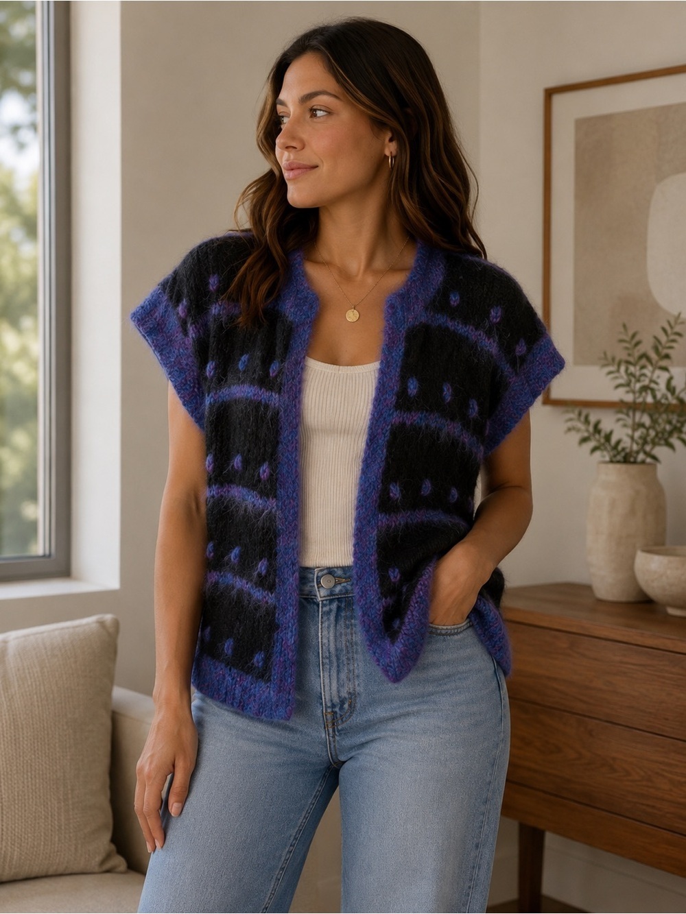 Handmade Purple and Black Open Cardigan Sweater Size S M Boho Knit Cottagecore